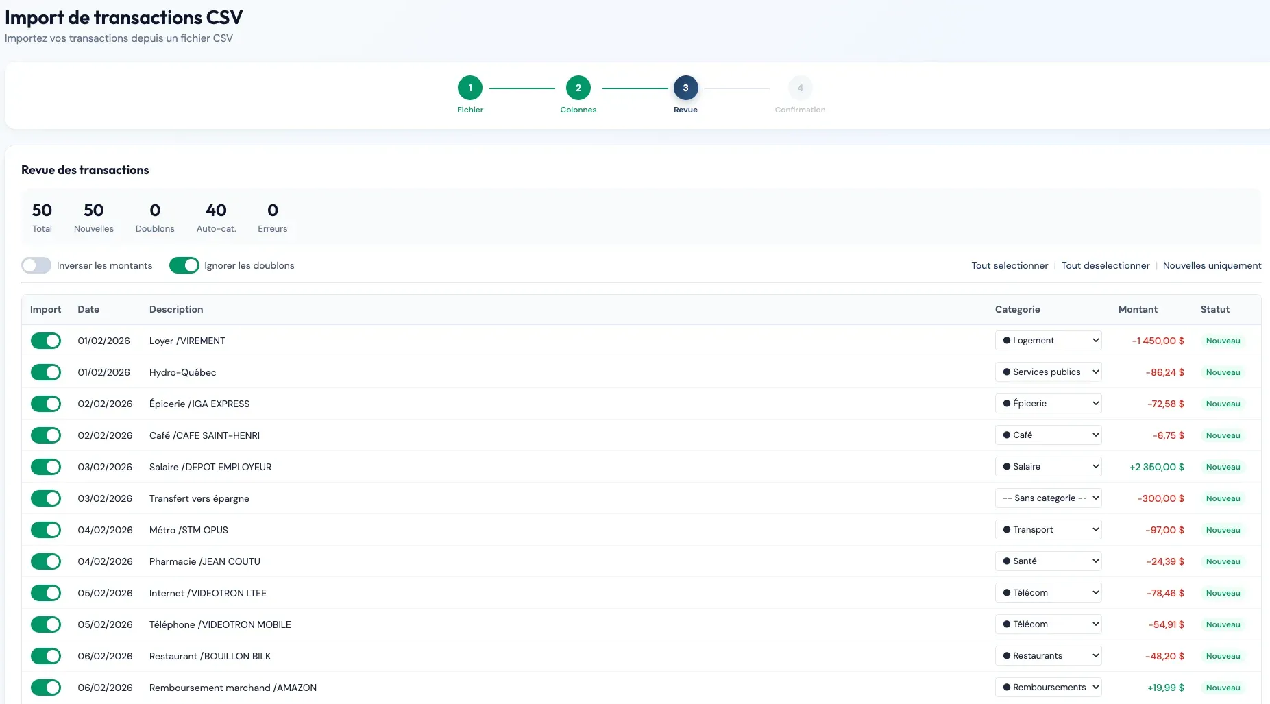 Validation des transactions CSV